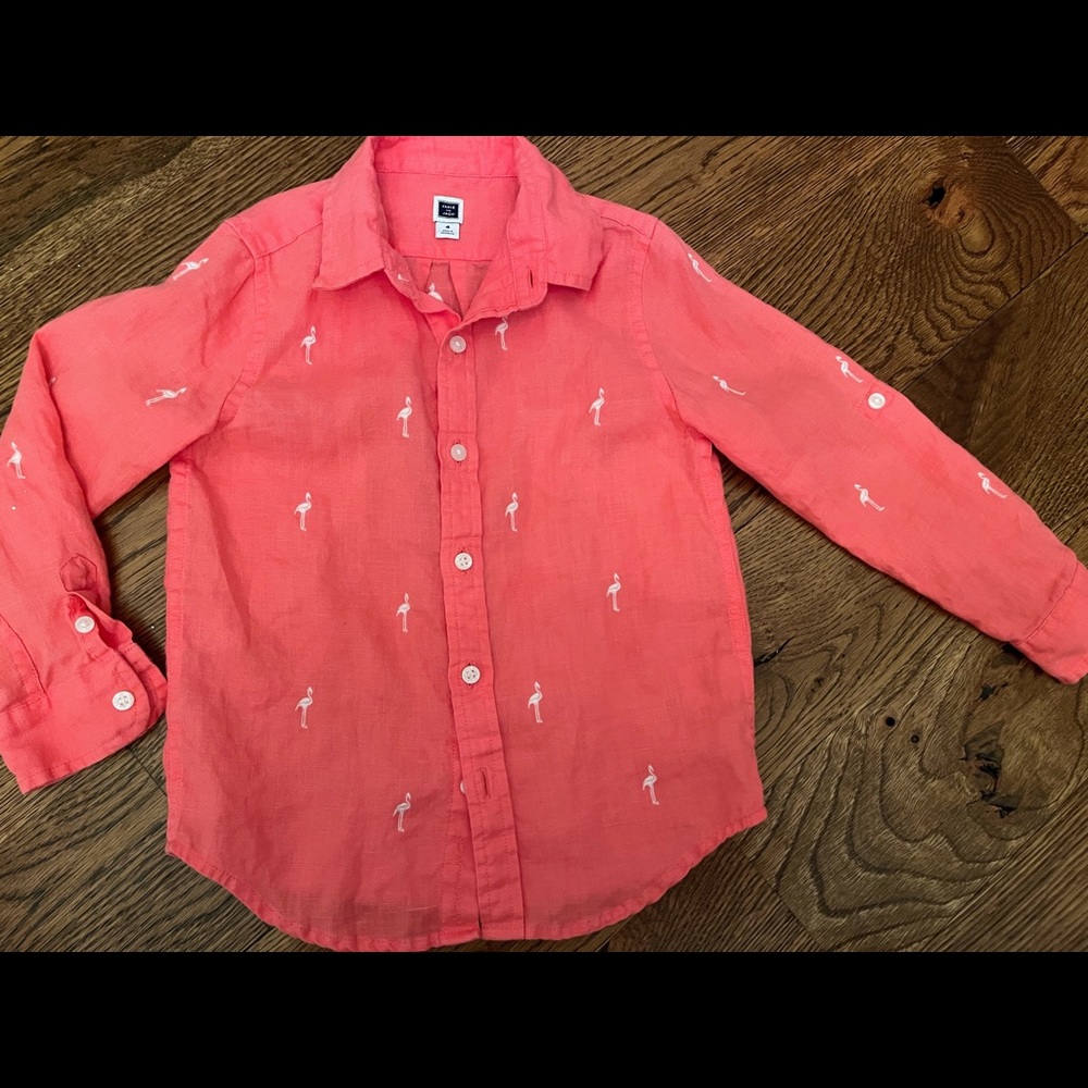 Janie and jack boys pink flamingo linen shirt 4t NWOT sfpf home
